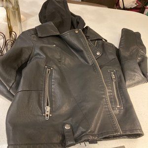 Faux Leather and Cotton Fleece Hooded Coat